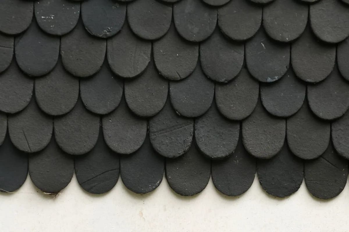 Close-up of overlapping scalloped roof shingles