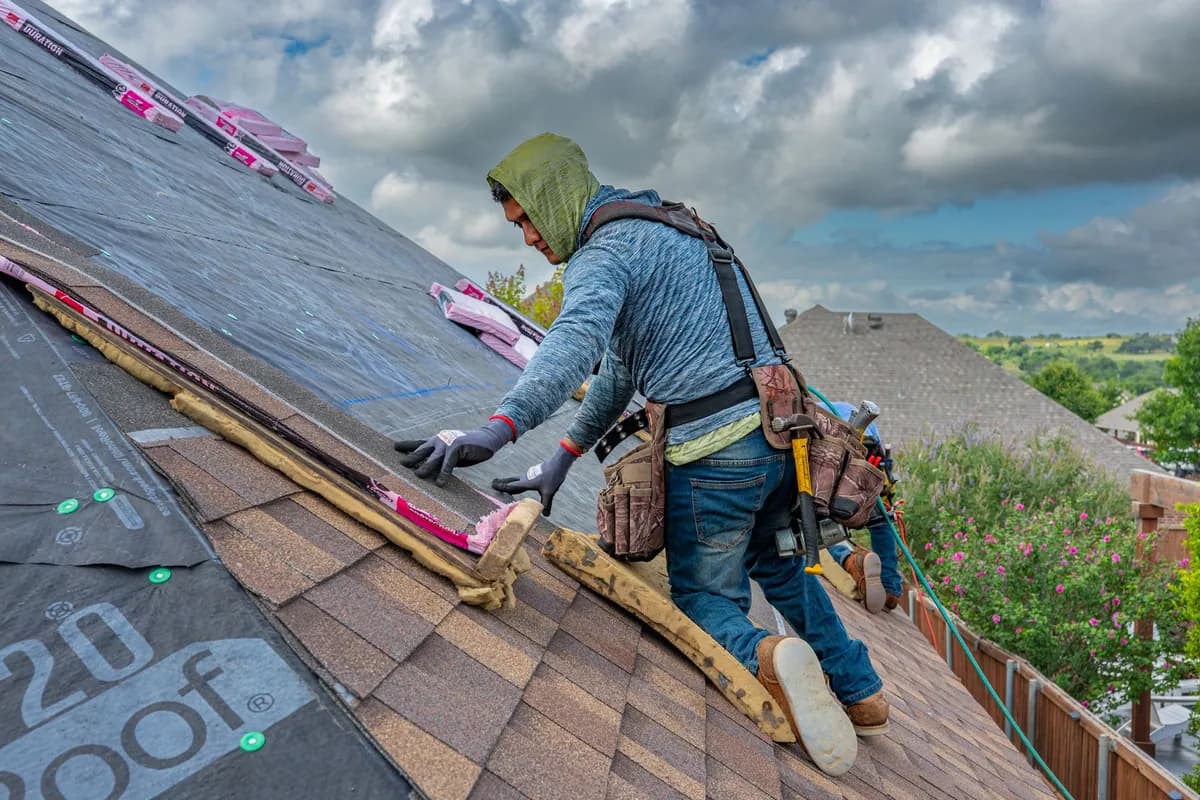 Roofers installing asphalt shingles on a home under blue skies