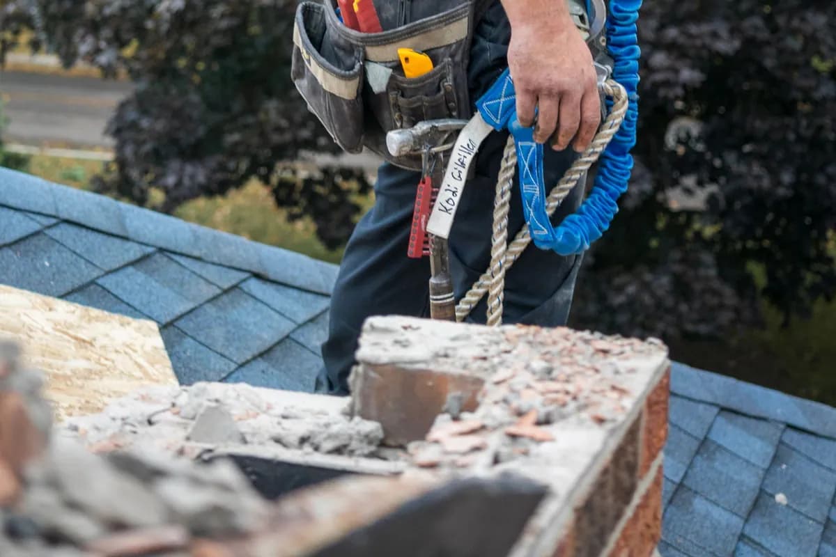 Worker in safety gear inspecting a chimney on a residential rooftop